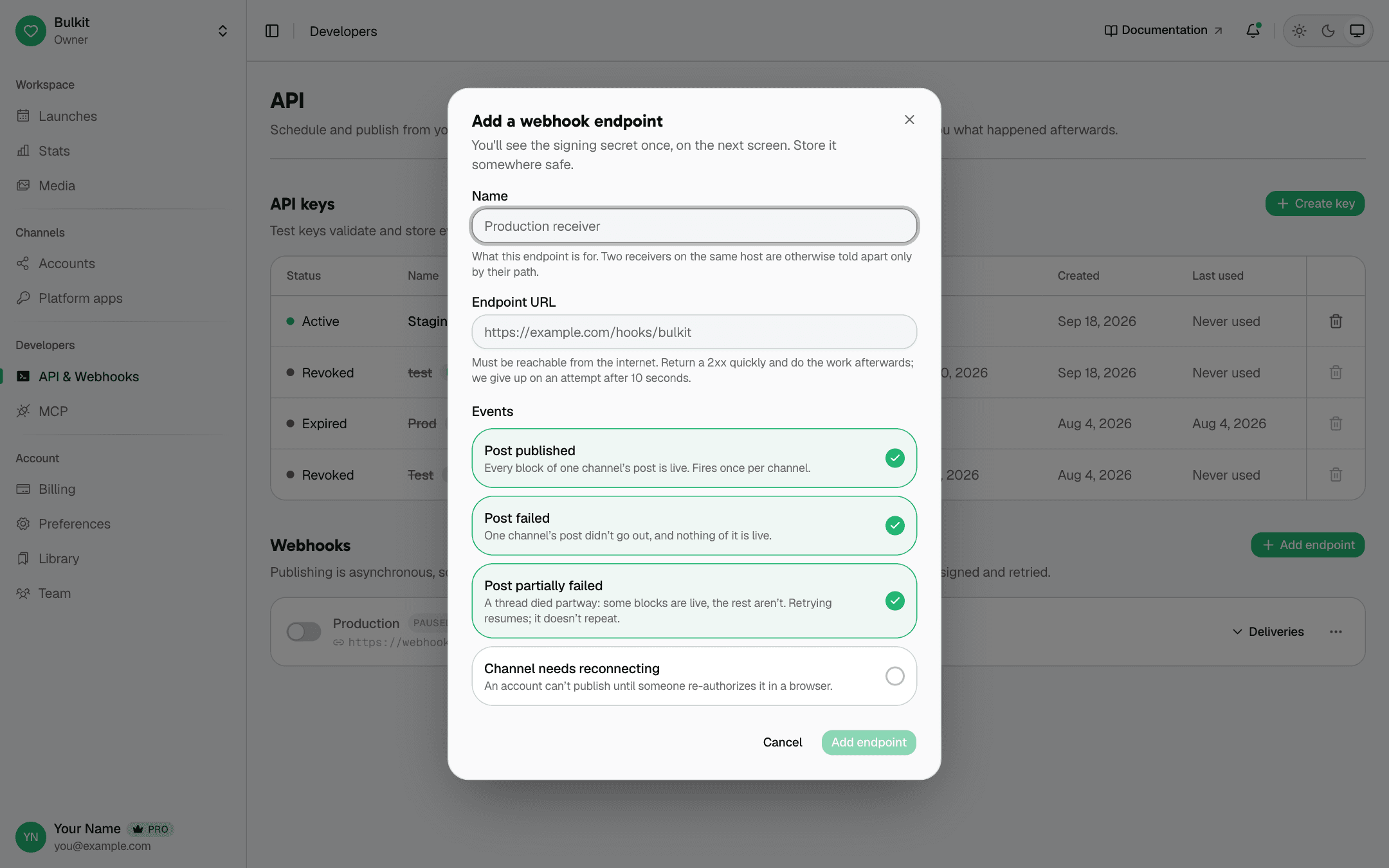 The Add a webhook endpoint form