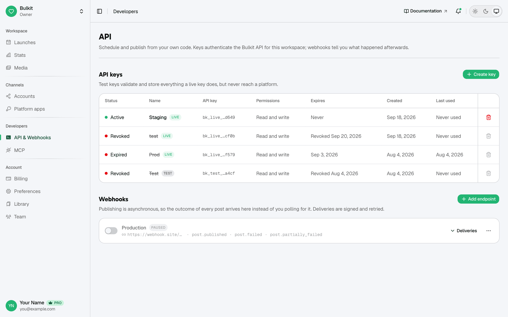 The API page, listing existing keys