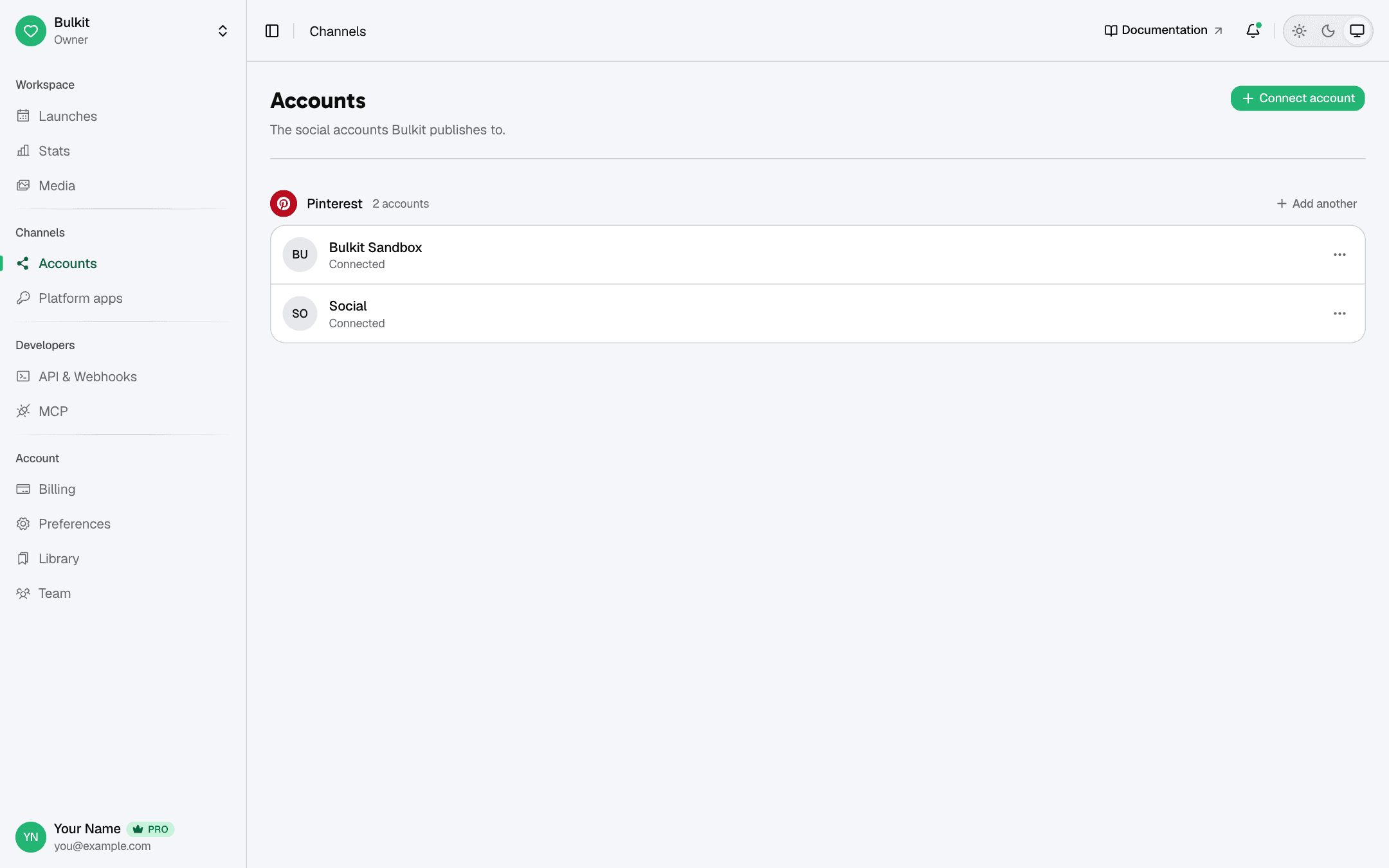 The Accounts page with two connected Pinterest accounts
