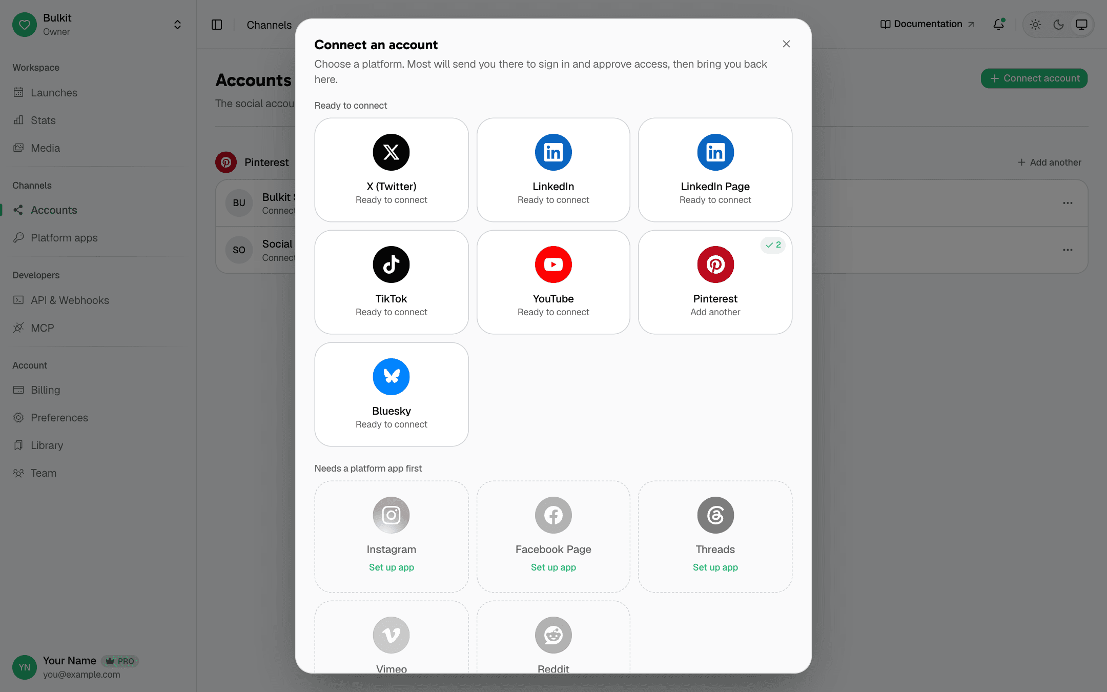 The Connect account dialog
