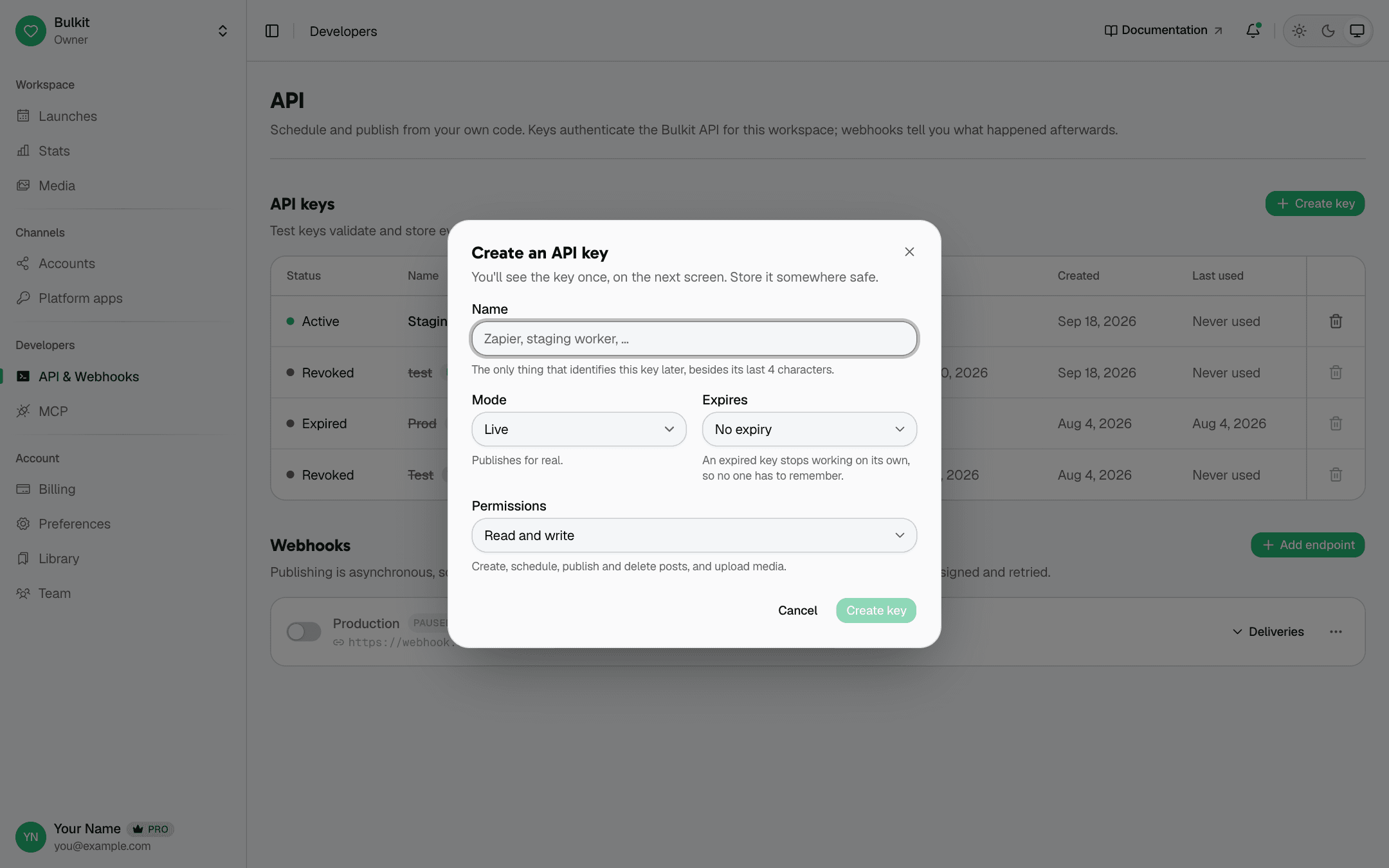 The Create an API key form