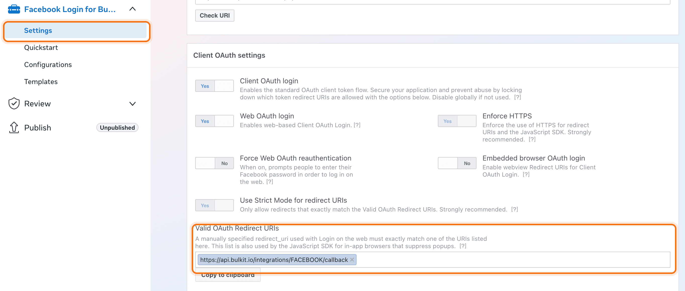 The Bulkit redirect URI under Valid OAuth Redirect URIs