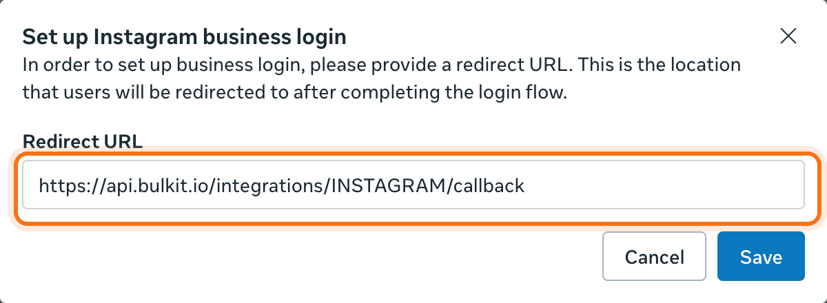 The Set up Instagram business login dialog with the Bulkit redirect URL