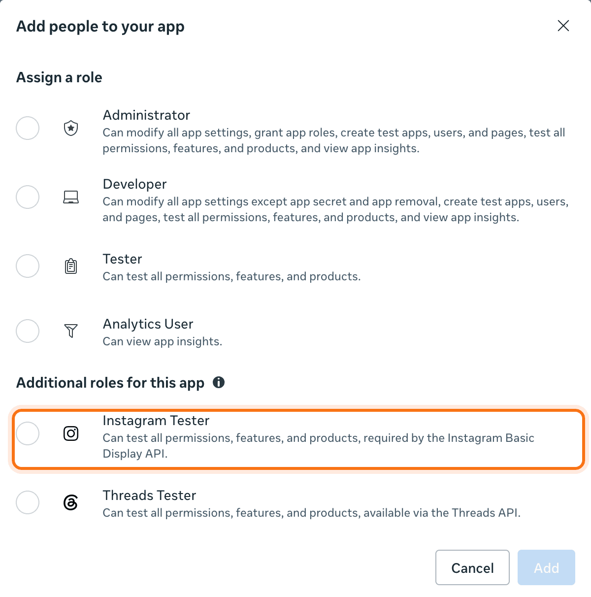 The Instagram Tester role in the Add people dialog