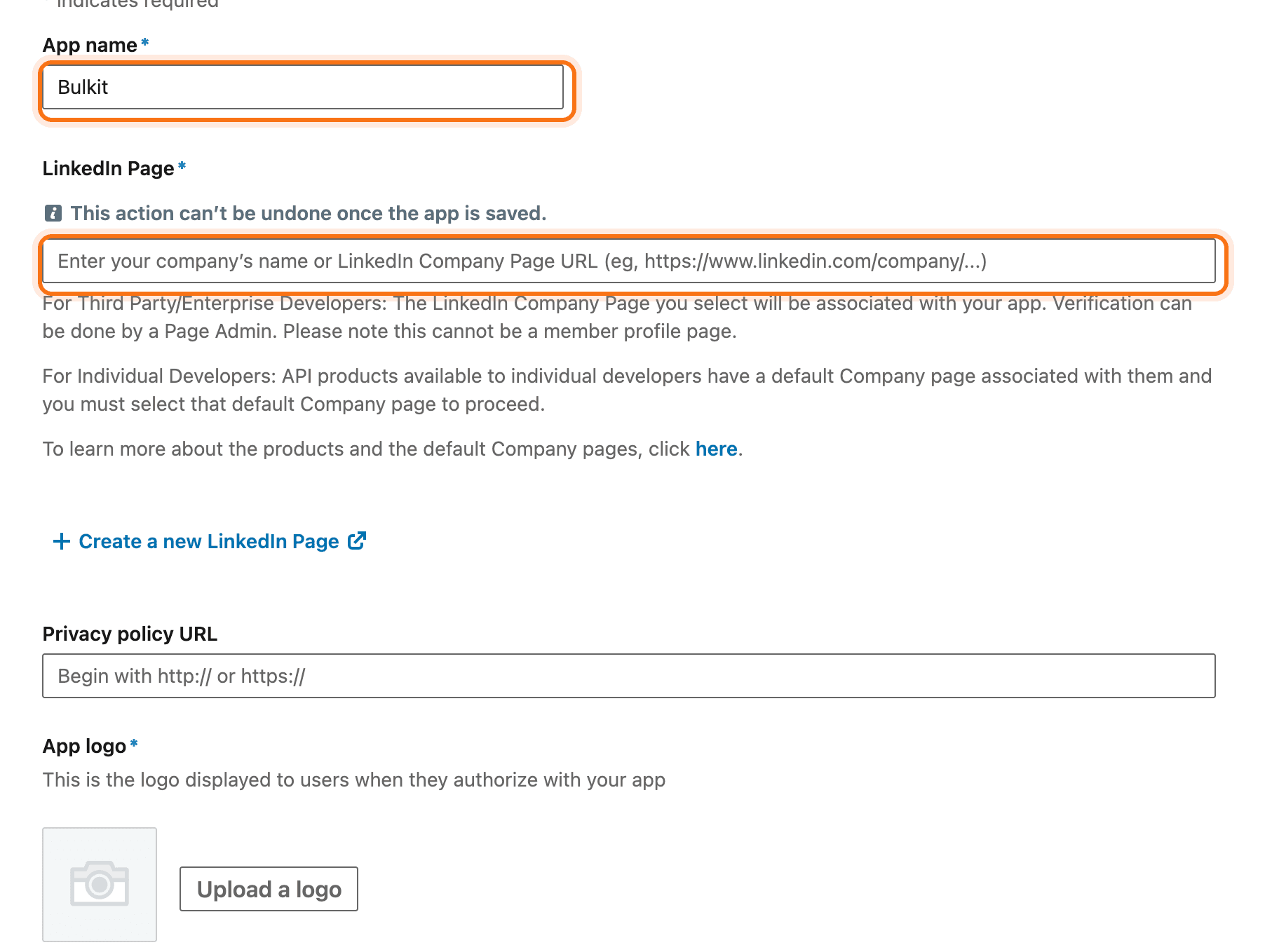 The Create app form with the app name and LinkedIn Page fields highlighted