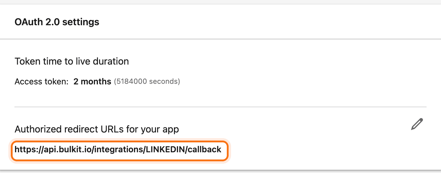 The Bulkit redirect URL under Authorized redirect URLs for your app