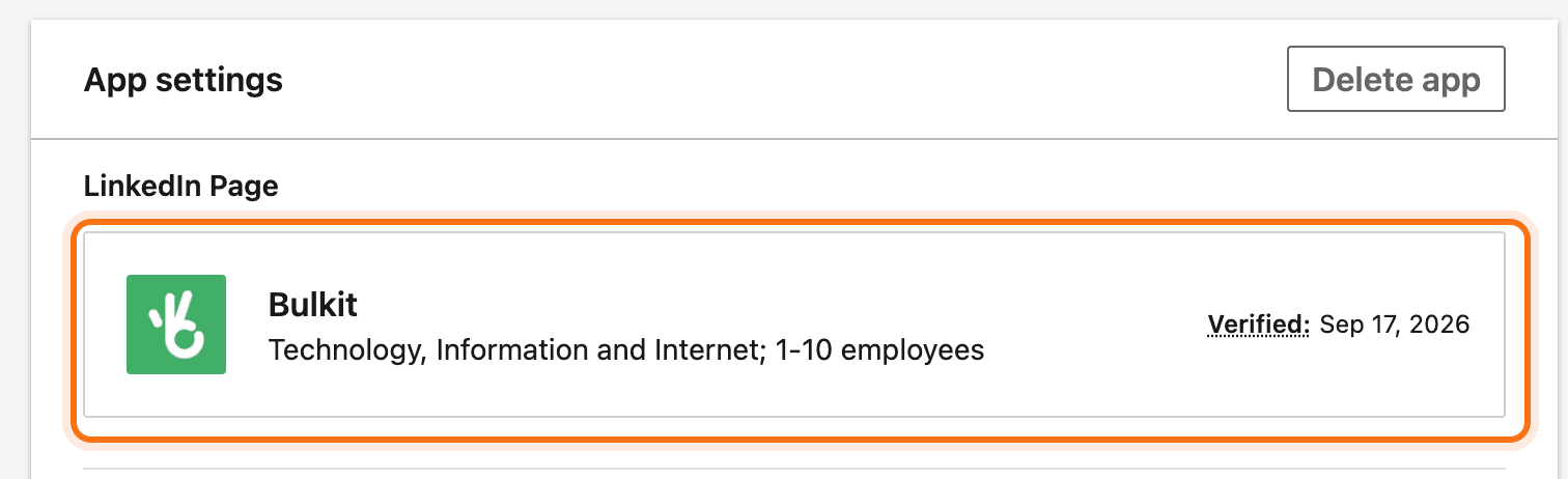 The app settings showing the company page as Verified