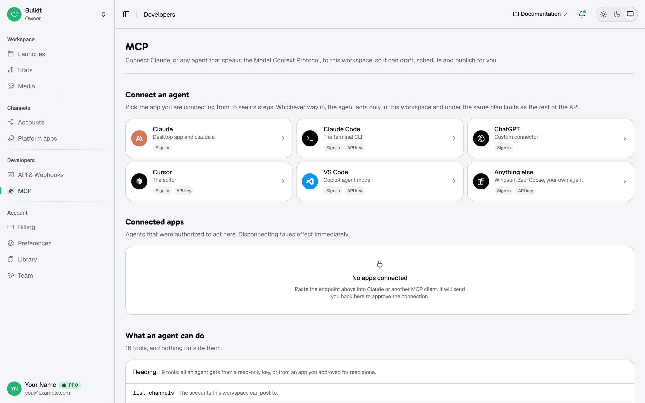 The MCP page, with Claude, Claude Code, ChatGPT, Cursor and VS Code