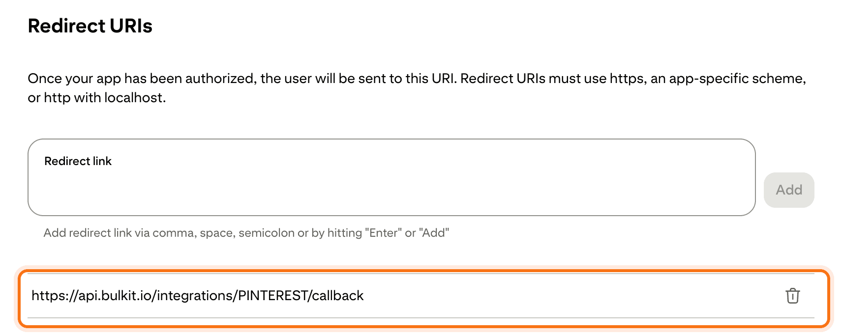 The Bulkit redirect URI under Redirect URIs