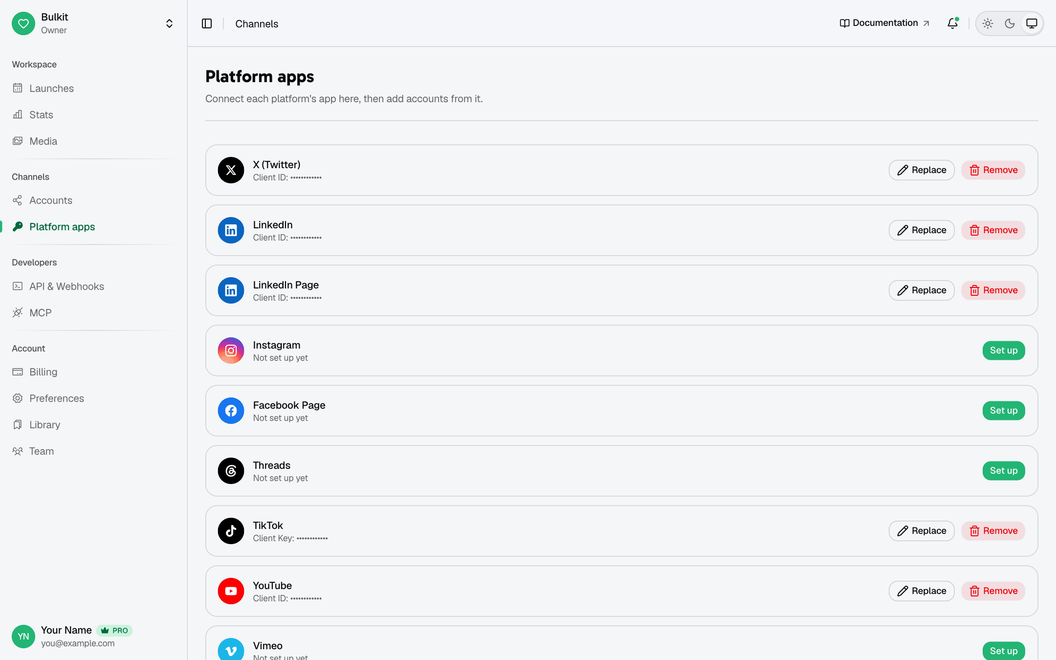 The Platform apps page, with X, LinkedIn, TikTok and YouTube already set up