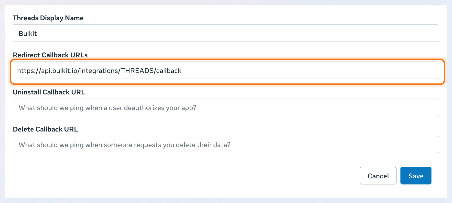 The Bulkit redirect URL under Redirect Callback URLs