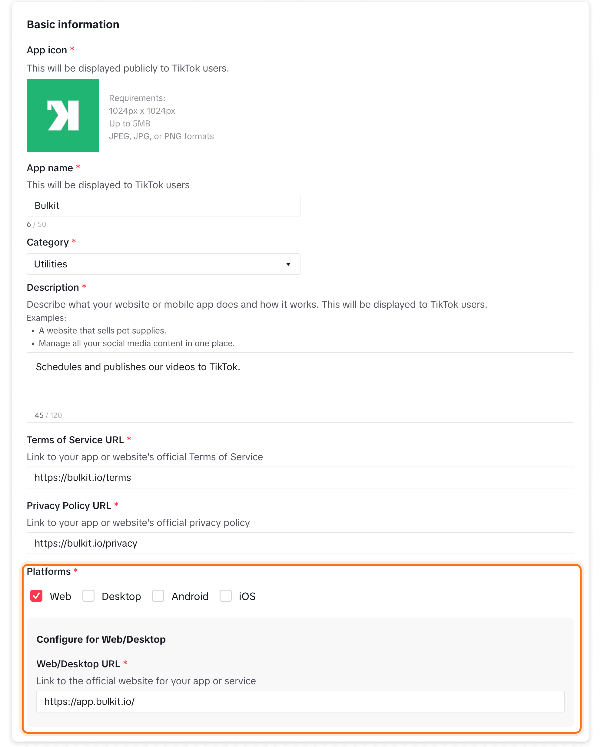 The Basic information form with Web picked as the platform