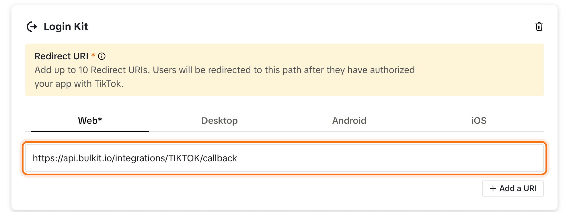 The Bulkit redirect URI under Login Kit