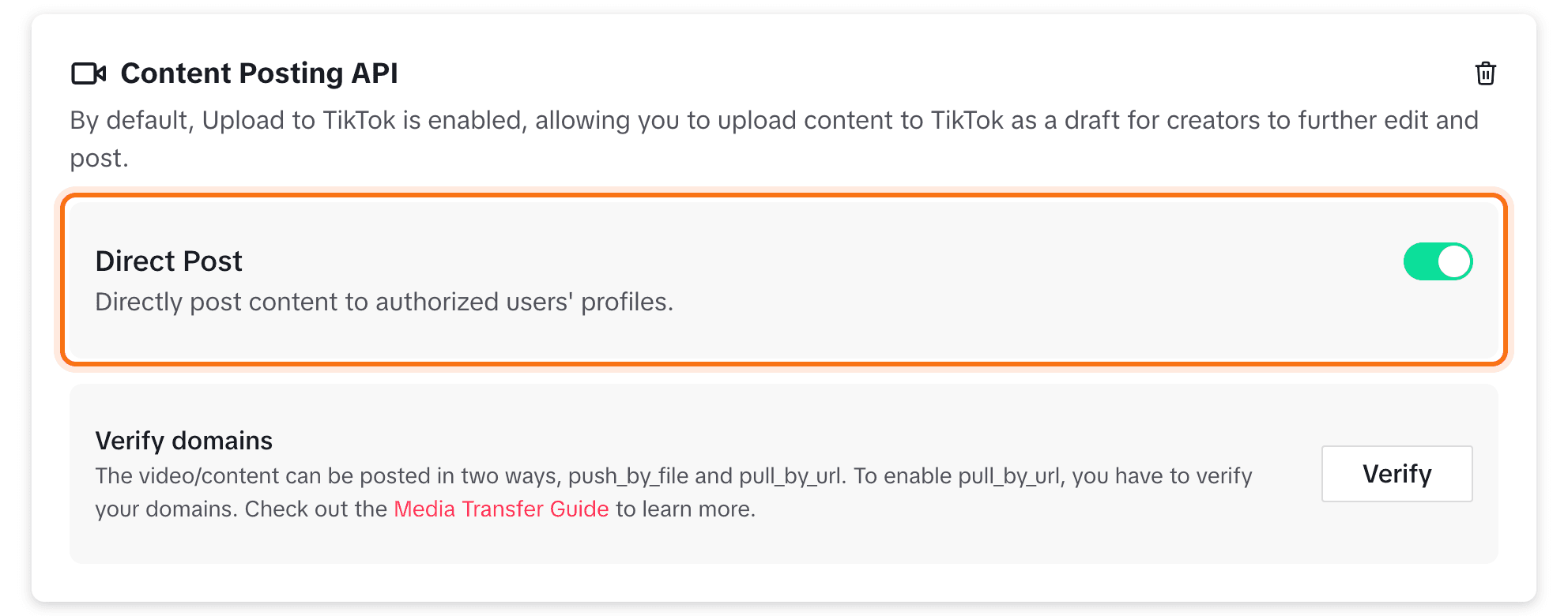 Direct Post switched on under Content Posting API