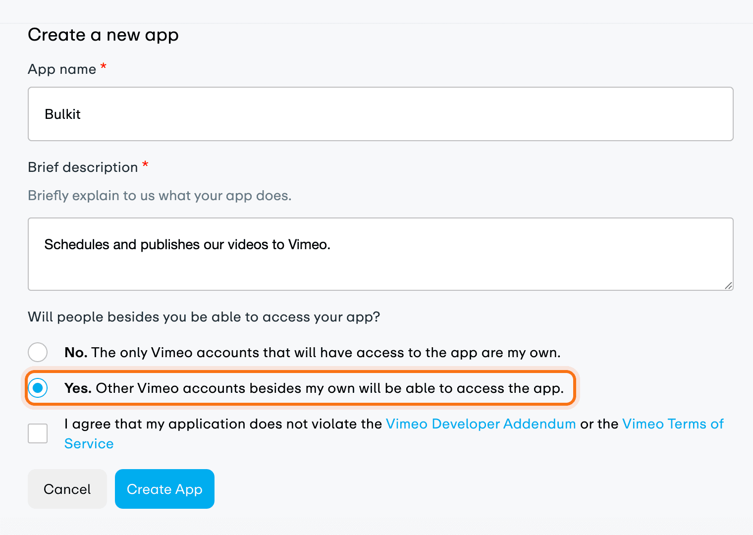 The Create a new app form with Yes picked for other accounts