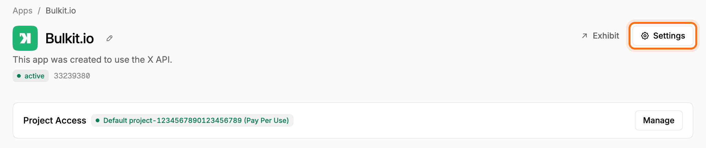The app page in the X Developer Console, with the Settings button highlighted