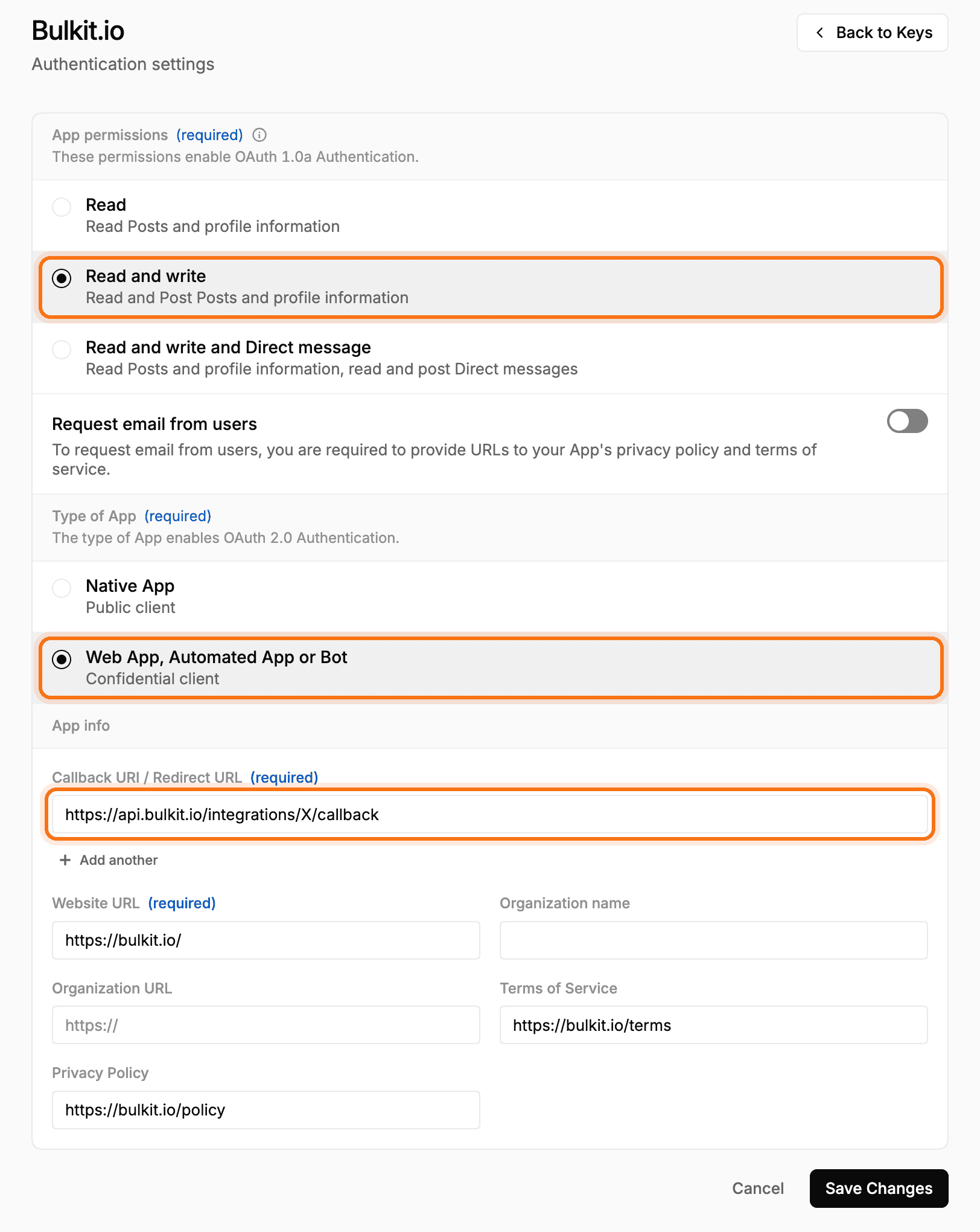 Authentication settings with Read and write, Web App and the callback URL highlighted