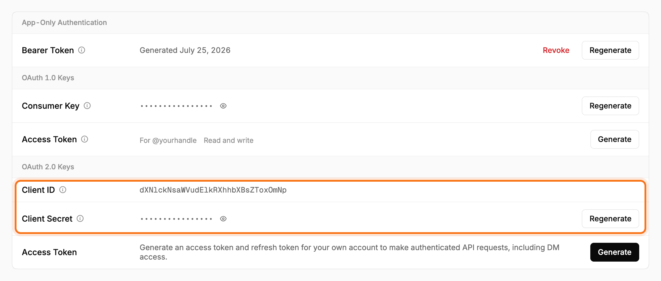 The OAuth 2.0 Client ID and Client Secret on the Keys & Tokens tab