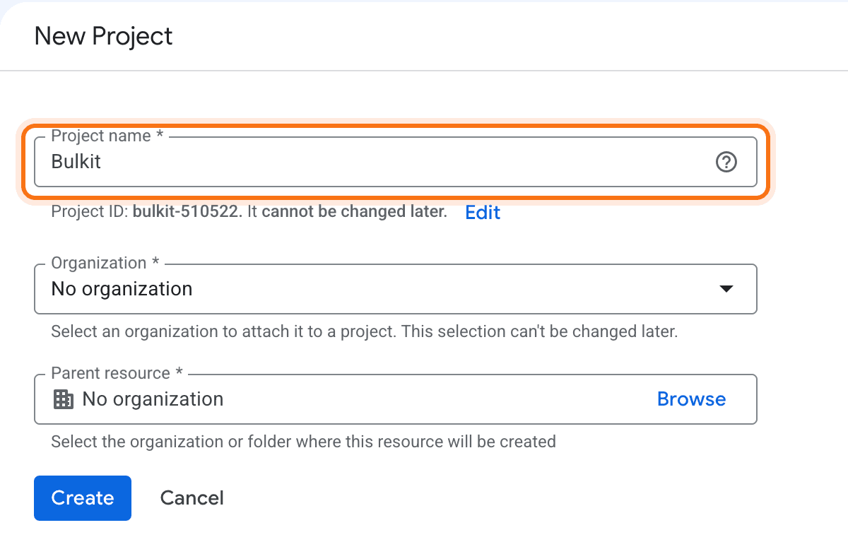 Creating a new Google Cloud project named Bulkit