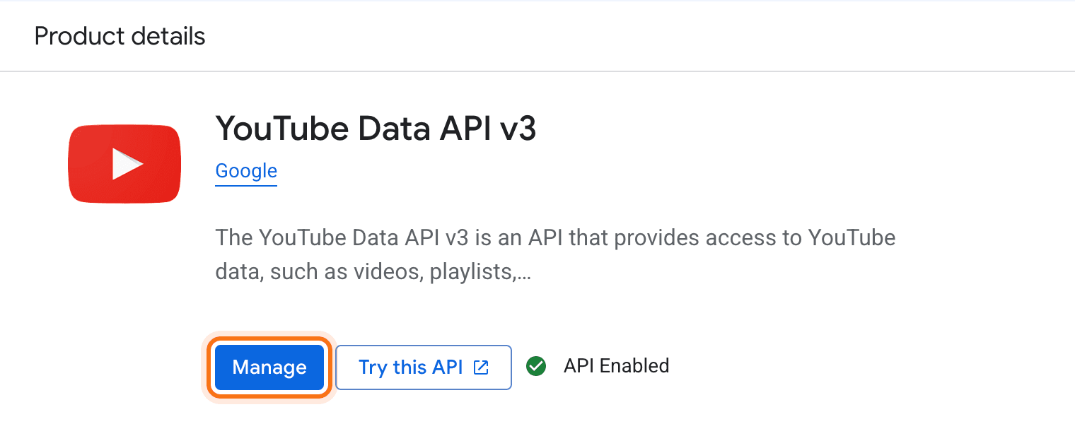 The YouTube Data API v3 page in the API Library