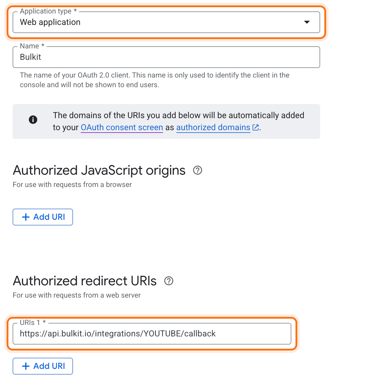 Creating a Web application client with the Bulkit redirect URI