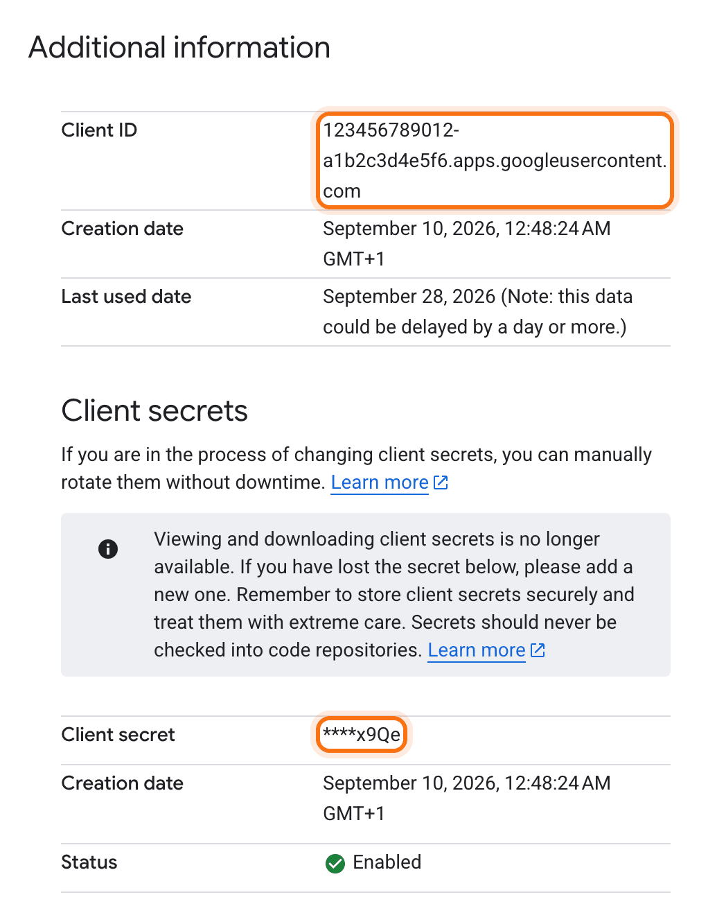 The client page showing the Client ID and Client secret
